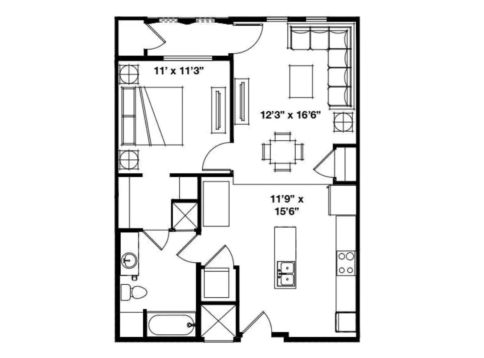 1x1 D floor plan